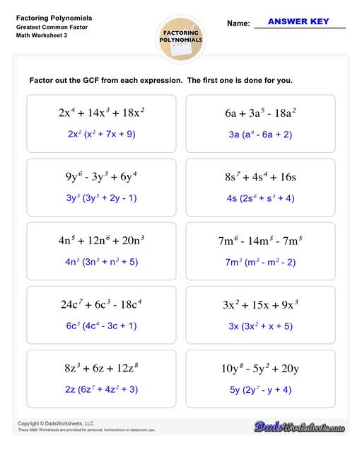 Factoring polynomials using greatest common factor, grouping, binomial factoring and more! Includes specific practice for both quadratic and linear expressions.  Factoring Polynomials Greatest Common Factor V3