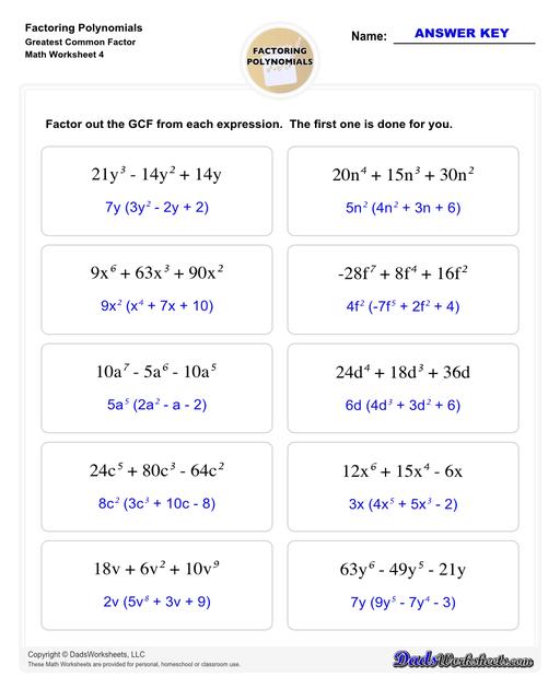 Factoring polynomials using greatest common factor, grouping, binomial factoring and more! Includes specific practice for both quadratic and linear expressions.  Factoring Polynomials Greatest Common Factor V4
