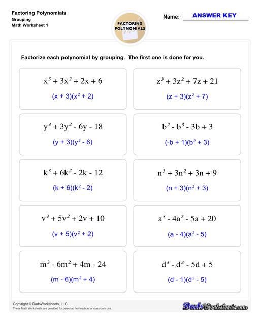 Factoring polynomials using greatest common factor, grouping, binomial factoring and more! Includes specific practice for both quadratic and linear expressions.  Factoring Polynomials Grouping V1