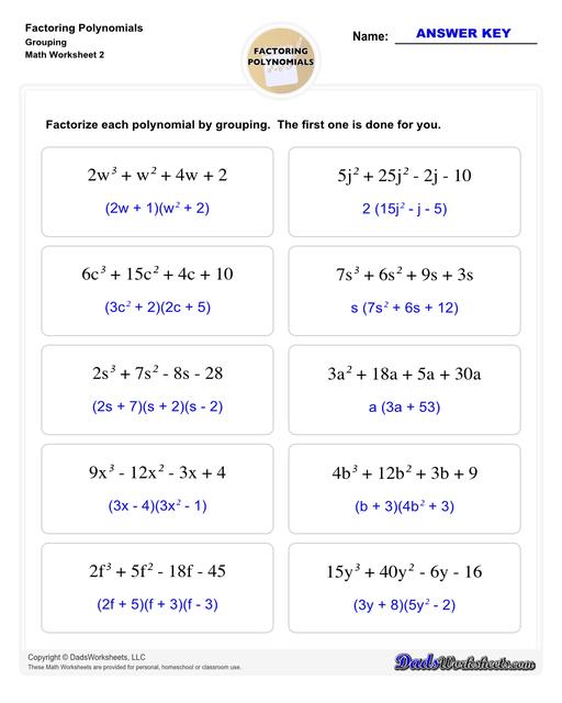 Factoring polynomials using greatest common factor, grouping, binomial factoring and more! Includes specific practice for both quadratic and linear expressions.  Factoring Polynomials Grouping V2