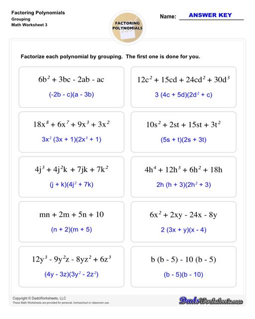 Factoring polynomials using greatest common factor, grouping, binomial factoring and more! Includes specific practice for both quadratic and linear expressions.  Factoring Polynomials Grouping V3