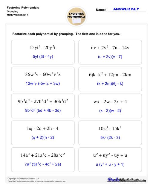 Factoring polynomials using greatest common factor, grouping, binomial factoring and more! Includes specific practice for both quadratic and linear expressions.  Factoring Polynomials Grouping V4
