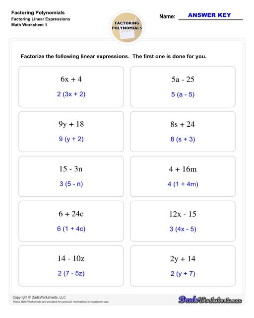 Factoring polynomials using greatest common factor, grouping, binomial factoring and more! Includes specific practice for both quadratic and linear expressions.  Factoring Polynomials Linear Expressions V1