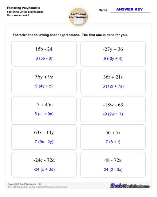 Factoring polynomials using greatest common factor, grouping, binomial factoring and more! Includes specific practice for both quadratic and linear expressions.  Factoring Polynomials Linear Expressions V2