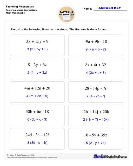 Factoring polynomials using greatest common factor, grouping, binomial factoring and more! Includes specific practice for both quadratic and linear expressions.  Factoring Polynomials Linear Expressions V3
