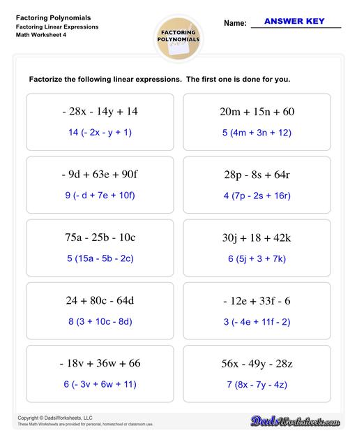 Factoring polynomials using greatest common factor, grouping, binomial factoring and more! Includes specific practice for both quadratic and linear expressions.  Factoring Polynomials Linear Expressions V4