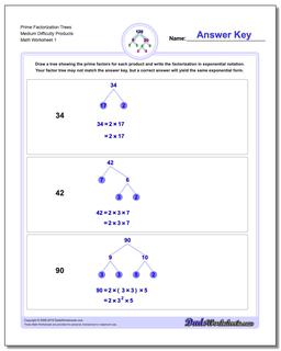 Factorization, GCD, LCM Prime Trees Medium Difficulty Products Worksheet