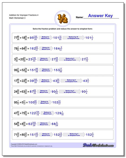 Adding Improper Fractions with a Common Denominator