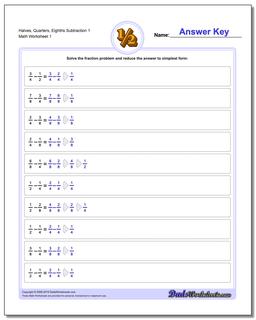 Halves, Quarters, Eighths Fraction Worksheet Subtraction Worksheet