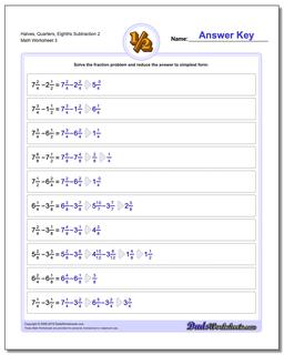 Halves, Quarters, Eighths Subtraction Worksheet 2