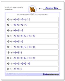 Halves, Quarters, Eighths Subtraction Worksheet 2