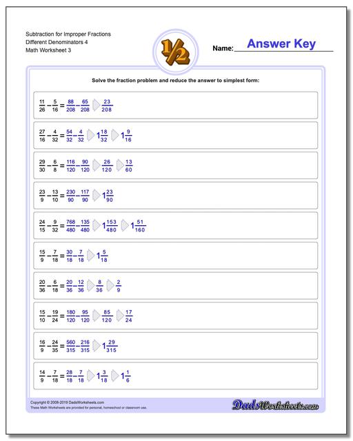 Subtracting Improper Fractions with Unlike Denominators