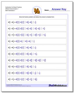 Subtraction Worksheet for Mixed Fraction Worksheets Different Denominators 1
