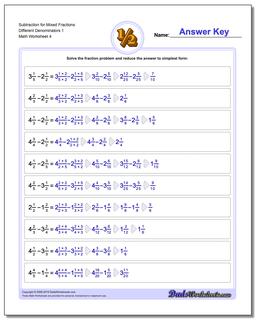 Subtraction Worksheet for Mixed Fraction Worksheets Different Denominators 1