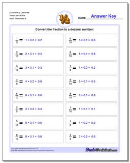 Fraction Worksheets to Decimals Tenths and Fifths