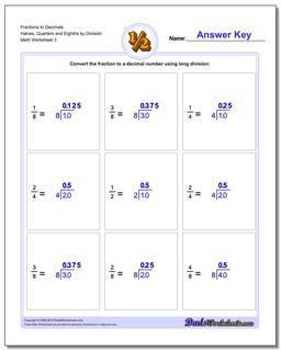 Fraction Worksheets to Decimals Halves, Quarters and Eighths by Division Worksheet