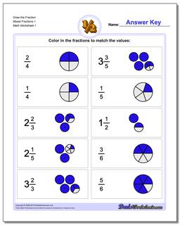 Graphic Fraction Worksheets Draw the Fraction Mixed 1