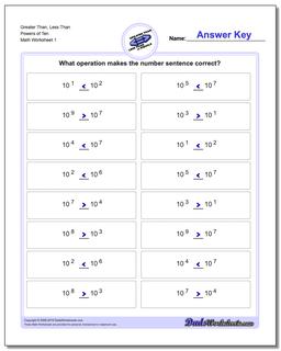 Greater Than and Less Than Worksheet With Powers of Ten