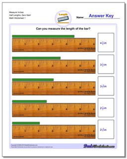 Inches Measurement Worksheet Measure Half Lengths, Zero Start