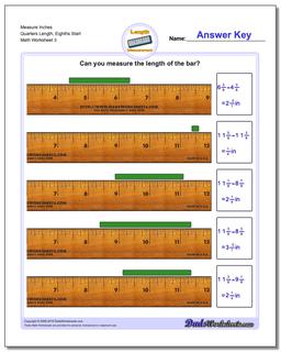 Measure Inches Quarters Length, Eighths Start Worksheet