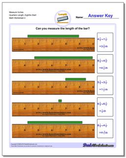 Measure Inches Quarters Length, Eighths Start Worksheet