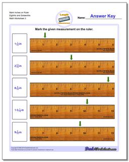 Mark Inches on Ruler Eighths and Sixteenths Worksheet