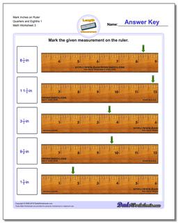 Mark Inches on Ruler Quarters and Eighths 1 Worksheet