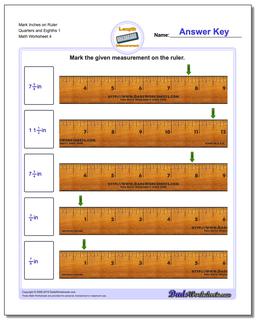Mark Inches on Ruler Quarters and Eighths 1 Worksheet