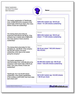 Market capitalization worksheet for beginners, featuring price-to-earnings ratios and dividend calculations