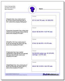 Price to Earnings Ratio and Share Price (Easy) Worksheet