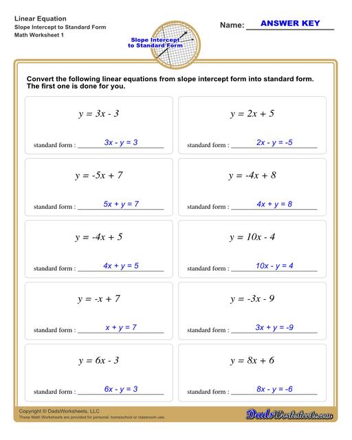   Linear Equations Slope Intercept To Standard Form V1