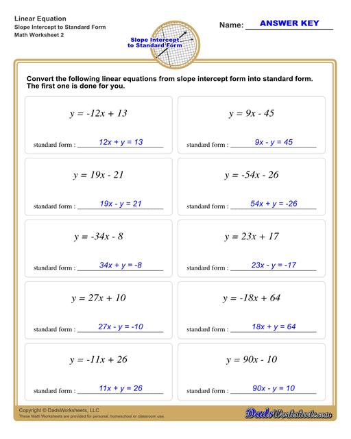   Linear Equations Slope Intercept To Standard Form V2