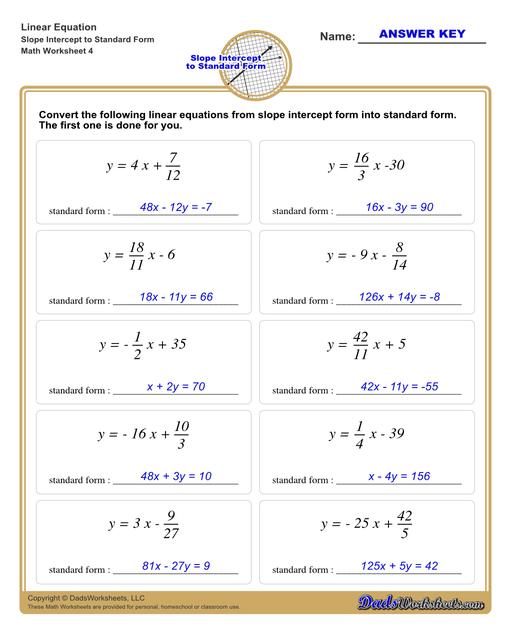   Linear Equations Slope Intercept To Standard Form V4