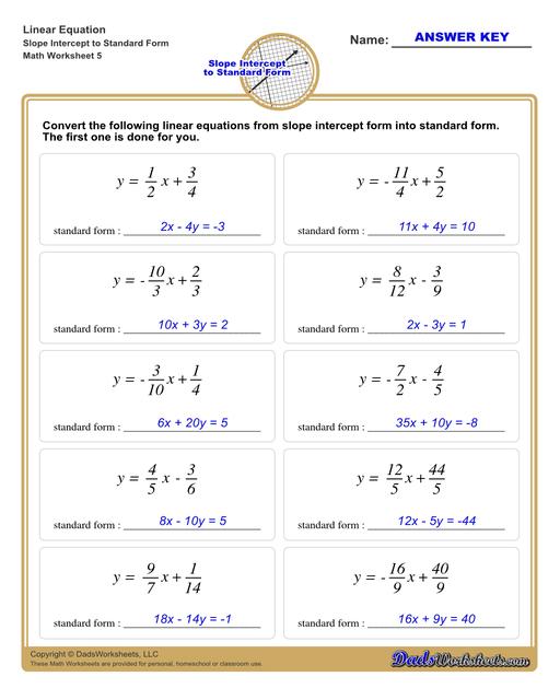   Linear Equations Slope Intercept To Standard Form V5