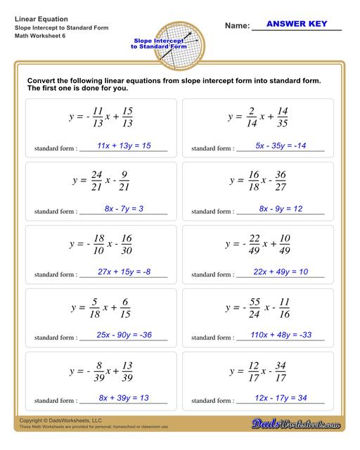   Linear Equations Slope Intercept To Standard Form V6