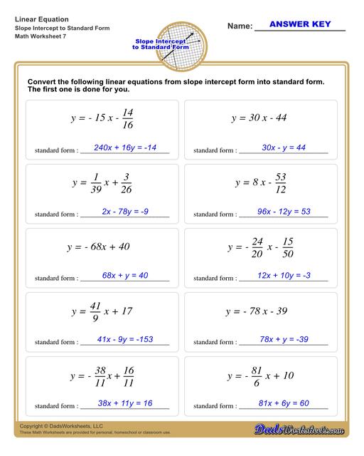   Linear Equations Slope Intercept To Standard Form V7