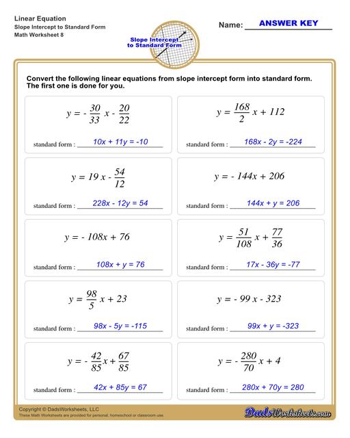   Linear Equations Slope Intercept To Standard Form V8