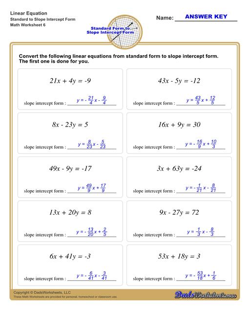   Linear Equations Standard To Slope Intercept Form V6