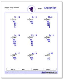 Long Division Worksheet by 25, With Remainders