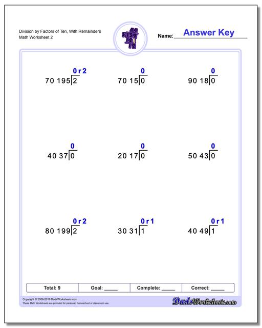 Long Division Worksheets: Division by Factors of Ten