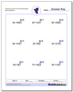 Division Worksheet by Factors of Ten, With Remainders