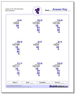 Long Division Worksheet by Ten, With Remainders