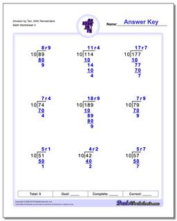 Division Worksheet by Ten, With Remainders