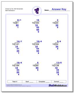 Division Worksheet by Ten, With Remainders