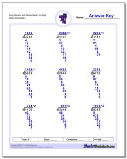 Easy Division Worksheet with Remainders Four Digit
