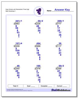Long Division Worksheet Easy with Remainders Three Digit