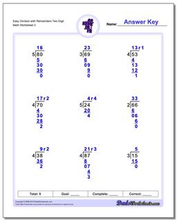 Easy Division Worksheet with Remainders Two Digit