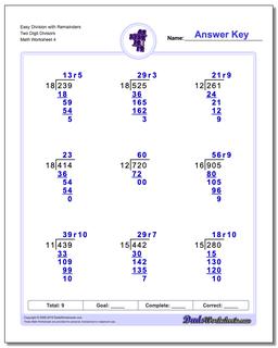 Easy Division Worksheet with Remainders Two Digit Divisors