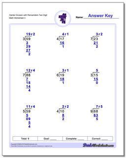 Harder Division Worksheet with Remainders Two Digit