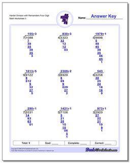 Harder Division Worksheet with Remainders Four Digit